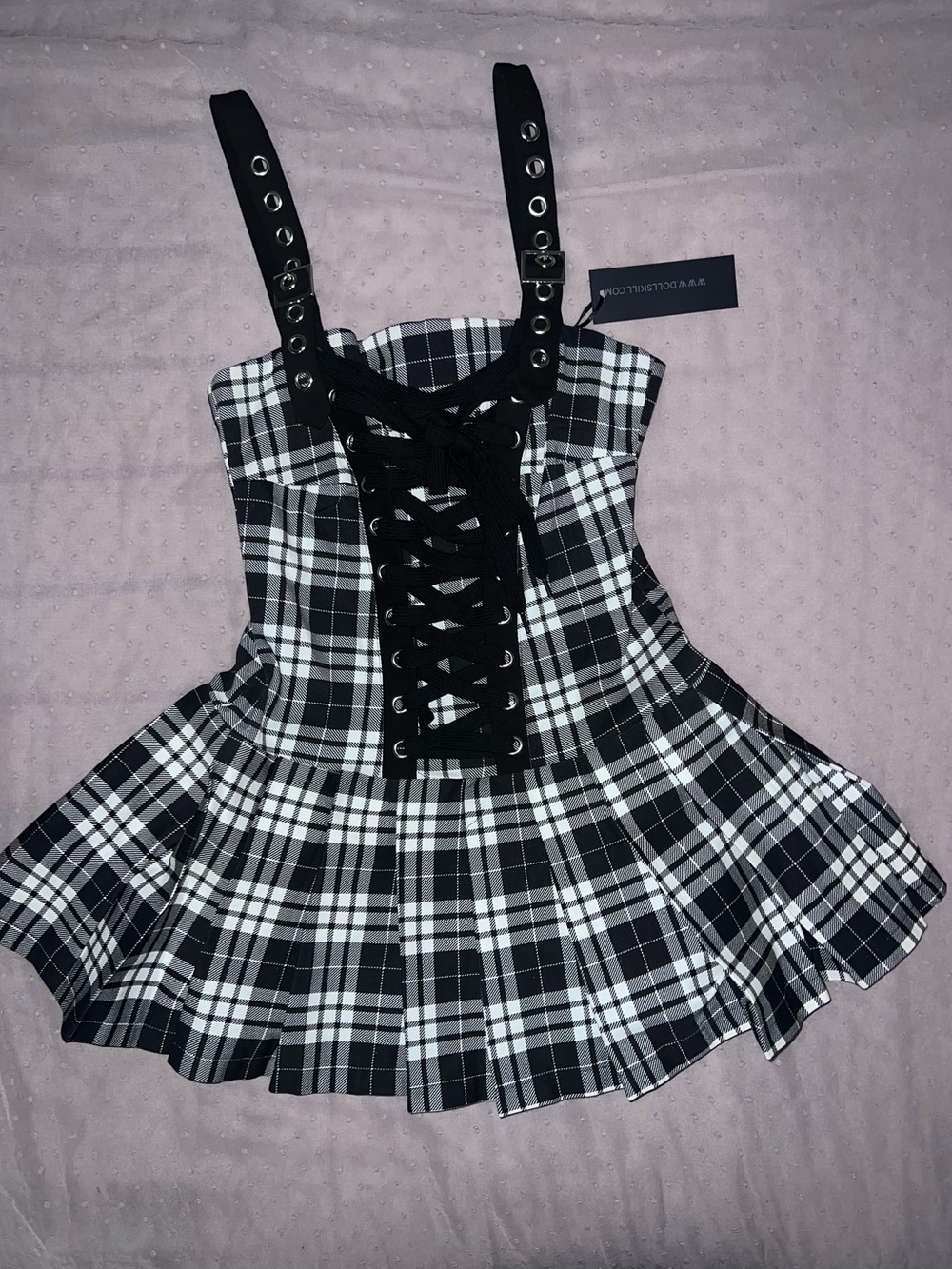 Dolls Kill Black & White Plaid Lace-Up Mini Dress